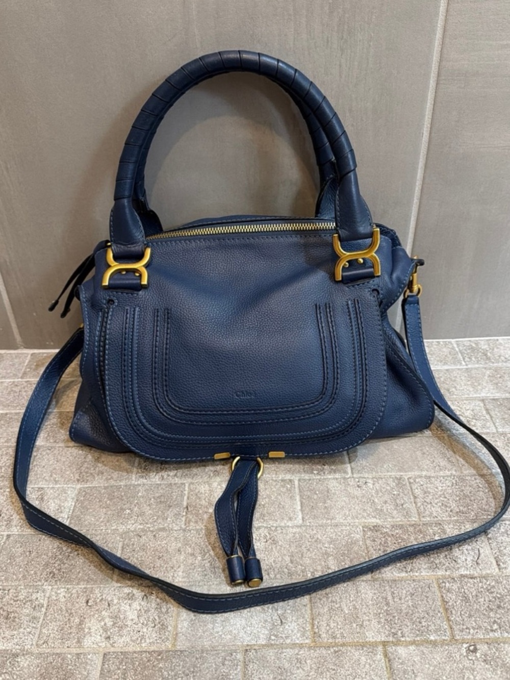 Chloe Marcie Medium Navy Leather Satchel with Gold Hardware